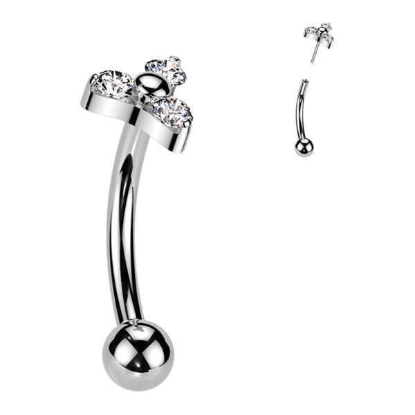 16g Trinity CZ Threadless Curved Barbell Eyebrow Jewelry 16g - 5/16" long (8mm) - 3mm balls Clear