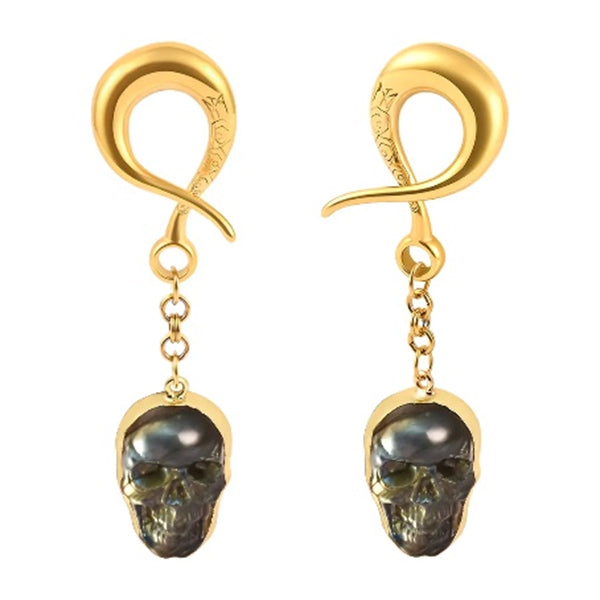 Labradorite Skull Gold Coil Hangers Ear Weights 2 gauge (6mm) Gold