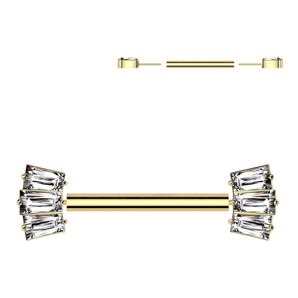 3-Baguette CZ Threadless Titanium Nipple Barbells Nipple Barbells 14g - 15/32" long (12mm) Clear CZ