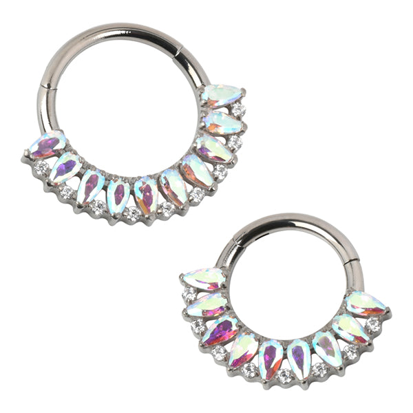 Briolette Fan Titanium Hinged Ring Hinged Rings 16g - 5/16" diameter (8mm) Aurora Borealis / Clear