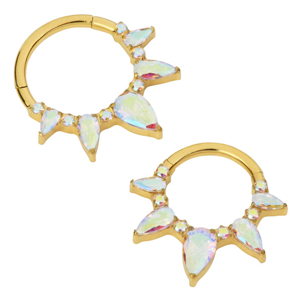 Pear Fan Gold Titanium Hinged Ring Hinged Rings 16g - 5/16" diameter (8mm) Aurora Borealis