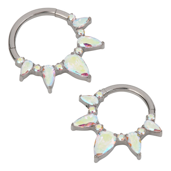 Pear Fan Titanium Hinged Ring Hinged Rings 16g - 5/16" diameter (8mm) Aurora Borealis