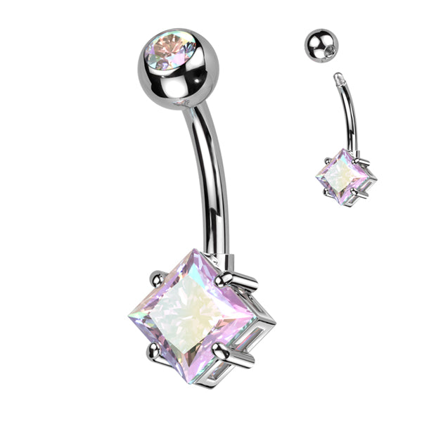 Princess CZ Titanium Belly Barbell Belly Ring 14g - 3/8" long (10mm) High Polish (silver) & Opalescent CZs