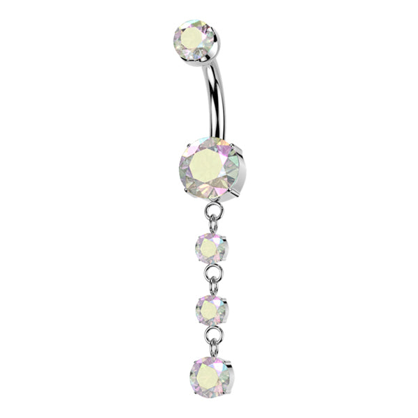 Triple CZ Titanium Belly Dangle Belly No-Dangles 14g - 3/8" long (10mm) Aurora Borealis CZ
