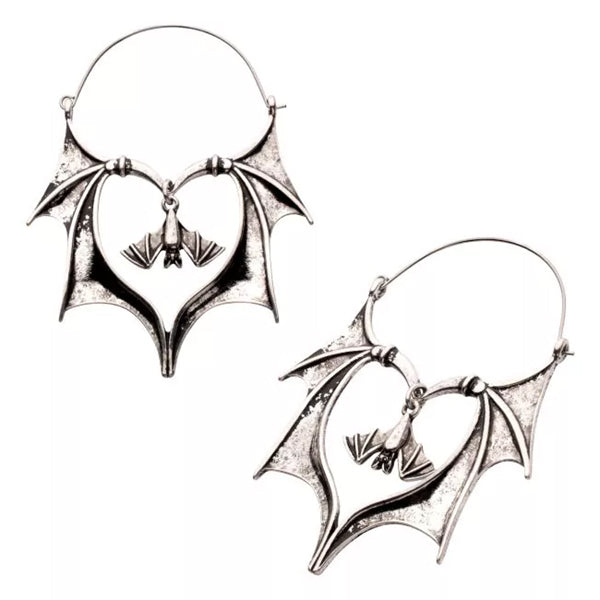 Antiqued Bat Tunnel Hoops Earrings 20 gauge Silver