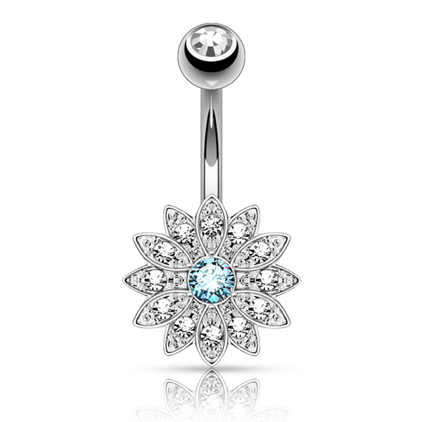 Paved Flower Belly Ring Belly Ring 14g - 3/8" long (10mm) Stainless w/ Clear & Aqua CZs