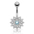 Paved Flower Belly Ring Belly Ring 14g - 3/8" long (10mm) Stainless w/ Clear & Aqua CZs