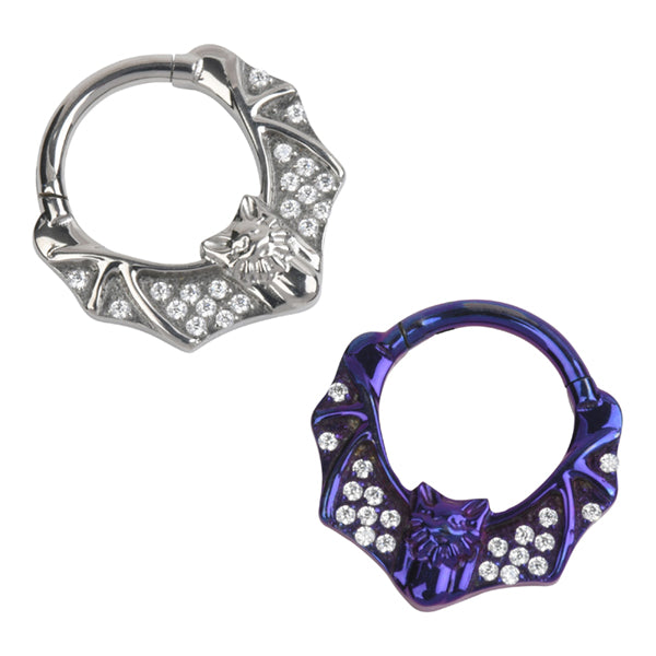 Bat Pave Titanium Hinged Ring Hinged Rings 16g - 5/16" diameter (8mm) High Polish (silver)