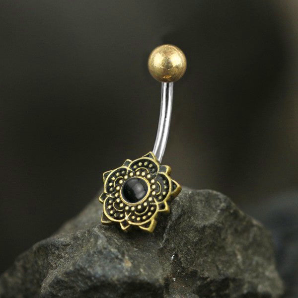 Beaded Flower Yellow Brass Belly Barbell Belly Ring 14g - 3/8