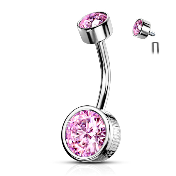 Bezel CZ Stamped Belly Ring Belly No-Dangles 14g - 3/8" long (10mm) Pink CZ