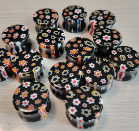 Black Millefiori Glass Plugs Stretched Lobes