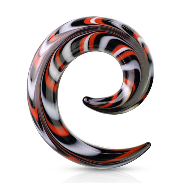 Black, Red & White Glass Spirals Stretched Lobes 4 gauge (5mm) Black/Red/White