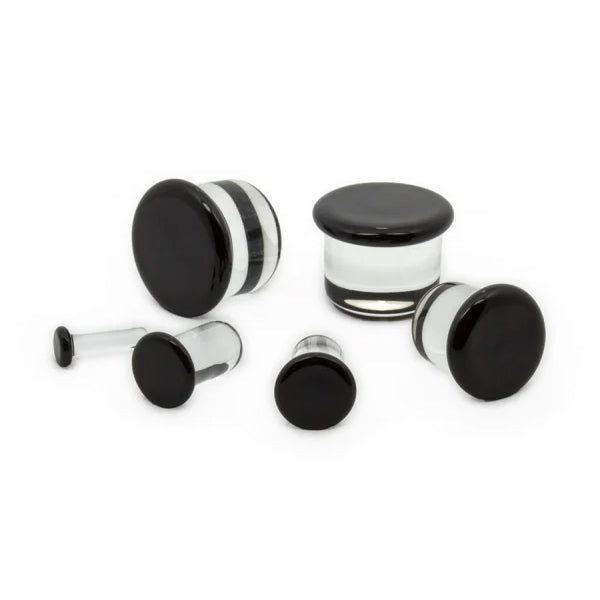 Black Single Flare Glass Plugs Stretched Lobes 12 gauge (2mm) Black