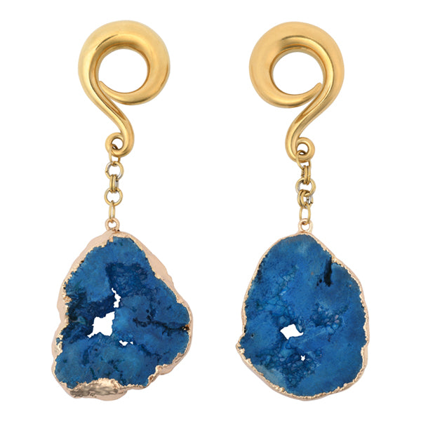 Blue Geode Slice Gold Hangers Ear Weights  