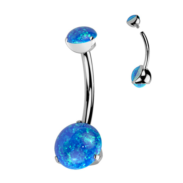 Prong Opal Titanium Belly Barbell Belly No-Dangles 14g - 3/8" long (10mm) - 4&6mm Opals Capri Blue Opal