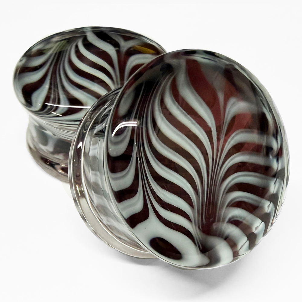 Brown Feather Glass Plugs Stretched Lobes 2 gauge (6mm) Brown & White