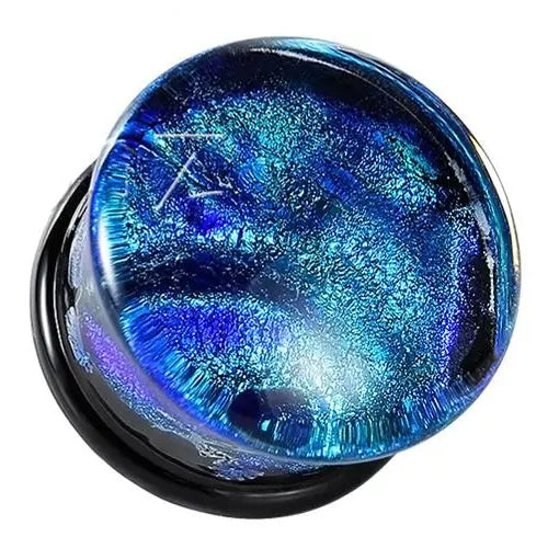 Brushed Blue Dichroic Glass Plugs Stretched Lobes 2 gauge (6mm) Blue