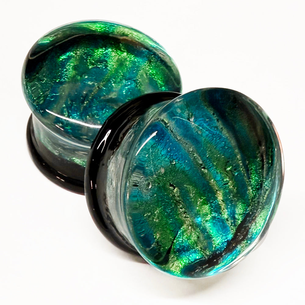 Brushed Green Dichroic Glass Plugs Stretched Lobes 2 gauge (6mm) Green