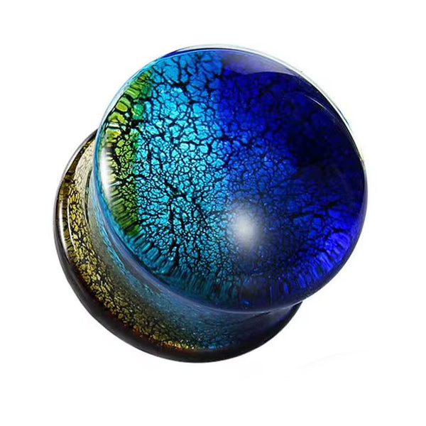 Brushed Yellow Dichroic Glass Plugs Stretched Lobes 2 gauge (6mm) Yellow/Aqua/Blue