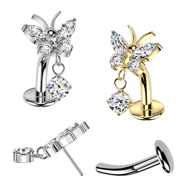 Butterfly CZ Dangle Threadless Floating Belly Barbell Belly No-Dangles