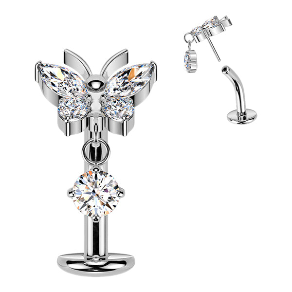 Butterfly CZ Dangle Threadless Floating Belly Barbell Belly No-Dangles 14g - 3/8