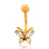 Butterfly CZ Gold Belly Ring Belly No-Dangles 14g - 3/8" long (10mm) Clear CZ