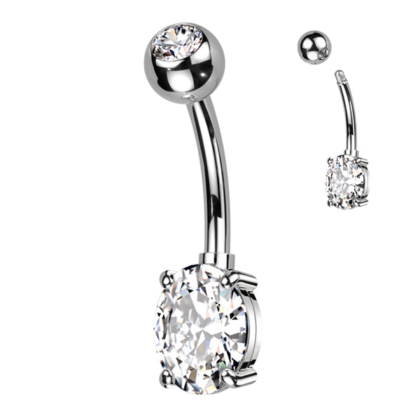 Oval CZ Titanium Belly Barbell Belly Ring 14g - 3/8" long (10mm) High Polish (silver) & Clear CZs