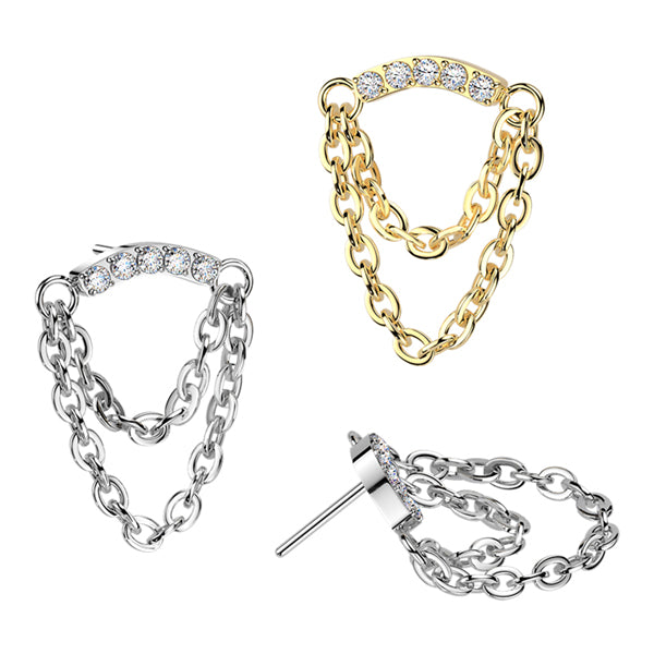 CZ Double Chain Curved Bar Titanium Threadless End Threadless Ends Clear High Polish (silver)