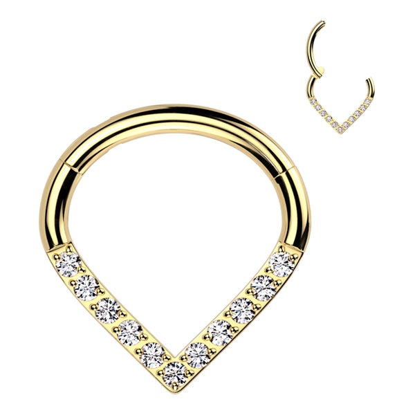 CZ Face V-Shape Gold Titanium Hinged Ring Hinged Rings 16g - 5/16