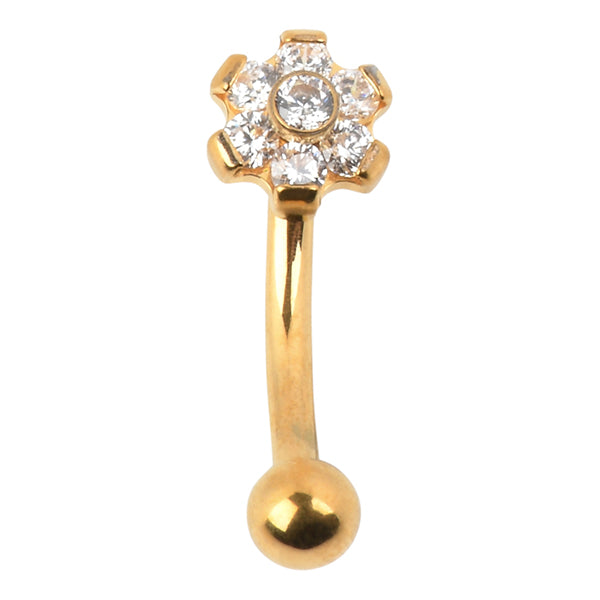 CZ Flower Gold Titanium Eyebrow Barbell Eyebrow Jewelry 16g - 5/16" long (8mm) High Polish (silver)