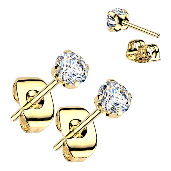 CZ Gold Titanium Stud Earrings Earrings 20g - 2mm Round CZs Clear CZ