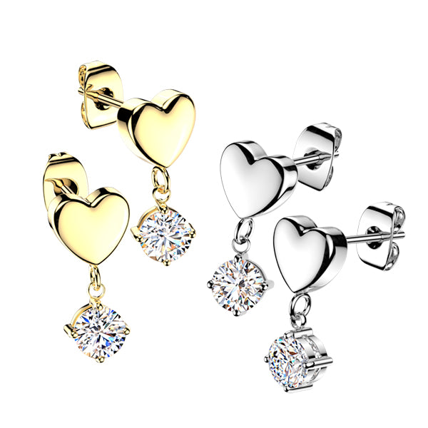 CZ Heart Dangle Titanium Stud Earrings Earrings