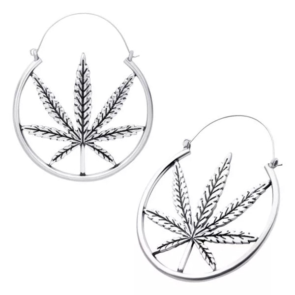 Cannabis Tunnel Hoops Earrings 20 gauge Silver