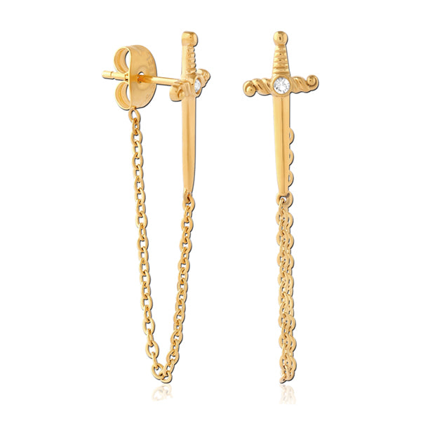 Chained Sword Gold Stud Earrings Earrings 20 gauge Gold Stainless