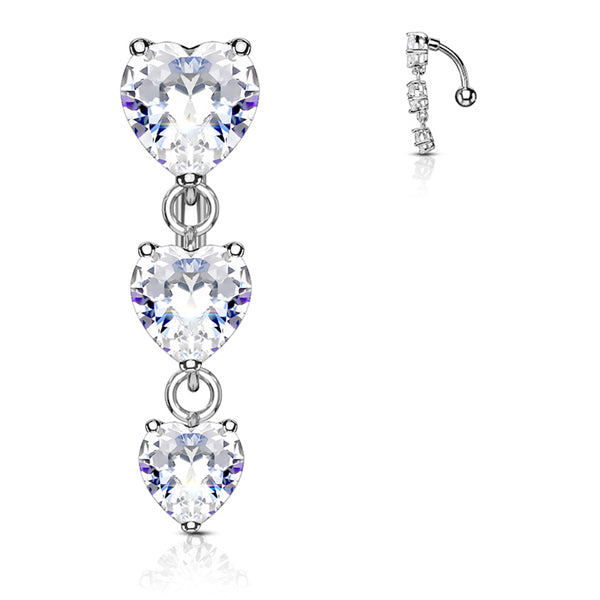 Heart CZ Reverse Belly Dangle Belly Ring 14 gauge - 3/8" long (10mm) Stainless Steel