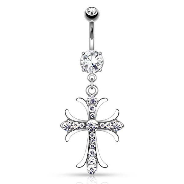 Cross CZ Belly Dangle Belly Ring 14 gauge - 3/8" long (10mm) Stainless Steel