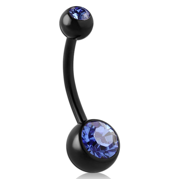 CZ Black Titanium Belly Barbell Belly Ring 14g - 3/8" long (10mm) Dark Blue CZ