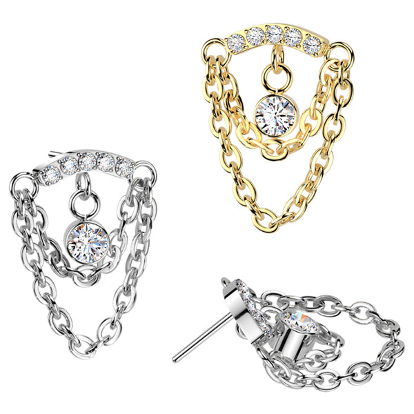 Dangle CZ Chain Curved Bar Titanium Threadless End Threadless Ends Clear High Polish (silver)