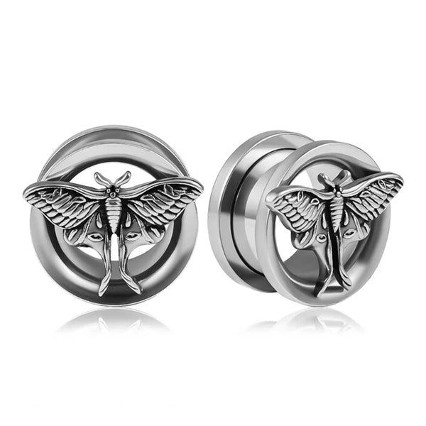 Death's Head Moth Stainless Screw-On Tunnels Plugs 0 gauge (8mm) Stainless Steel