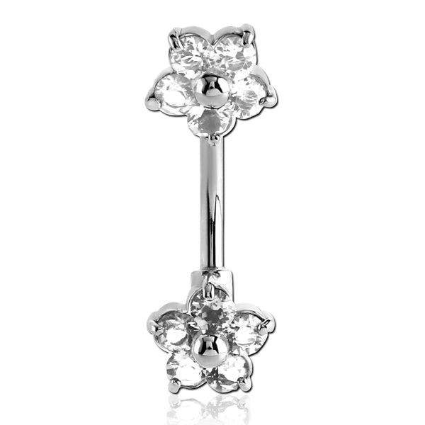 Double CZ Flowers Belly Barbell Belly Ring 14g - 3/8" long (10mm) stainless steel