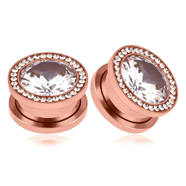Double CZ Rose Gold Screw-On Plugs Plugs 2 gauge (6mm) All Clear CZs