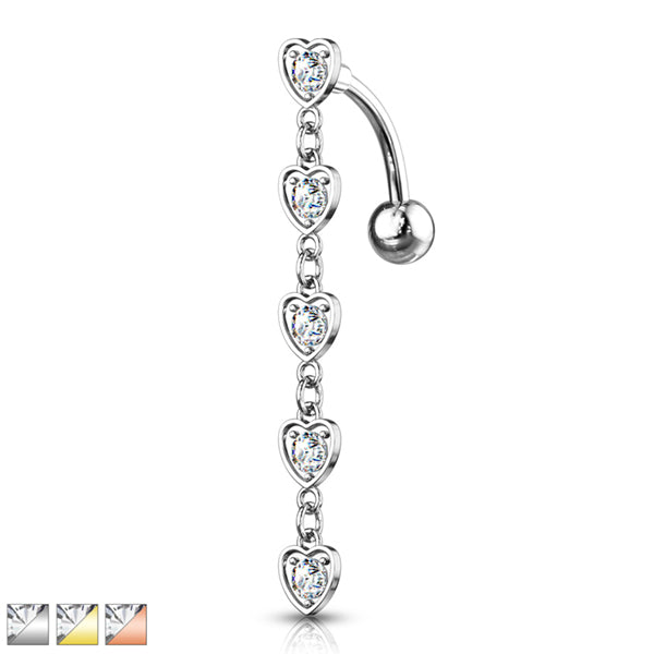 Five CZ Hearts Belly Dangle Belly Ring  