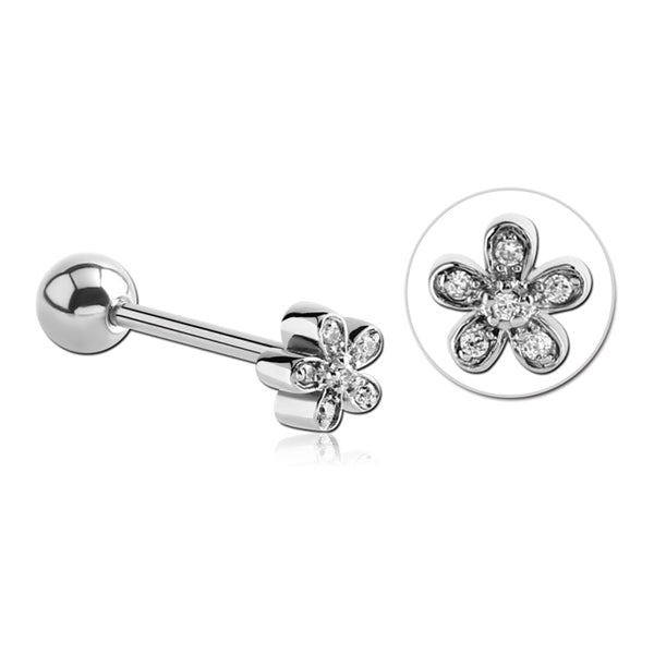 Flower CZ Stainless Tongue Barbell Tongue 14g - 5/8" long (16mm) Stainless Steel