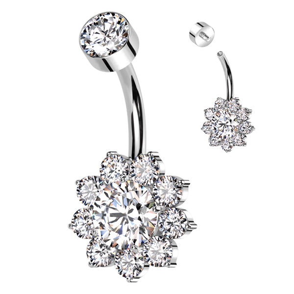 Flower CZ Titanium Belly Barbell Belly Ring 14g - 3/8" long (10mm) Clear CZs