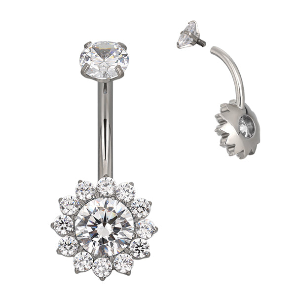 Flower CZ Titanium Belly Barbell Belly Ring 14g - 7/16" long (11mm) Clear CZs