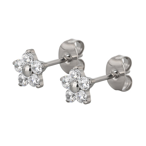 Flower CZ Titanium Stud Earrings Earrings 20 gauge High Polish (silver)