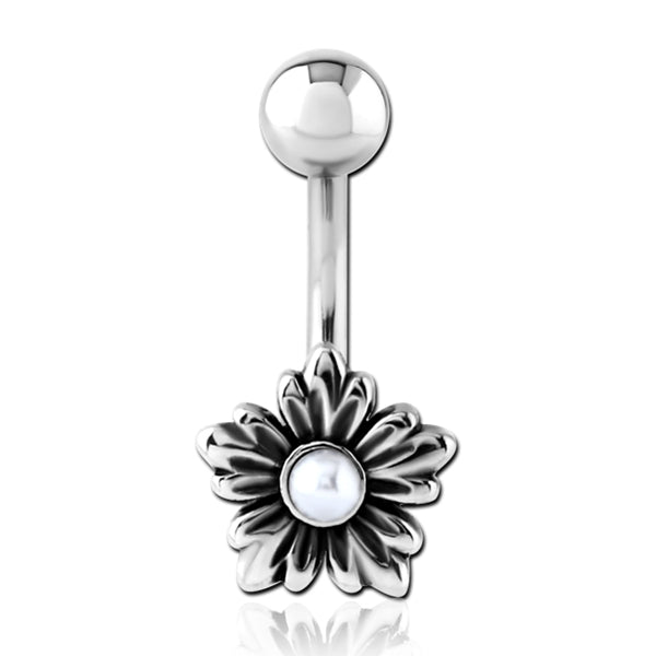 Flower Pearl Stainless Belly Ring Belly Ring 14g - 3/8" long (10mm) Stainless Steel