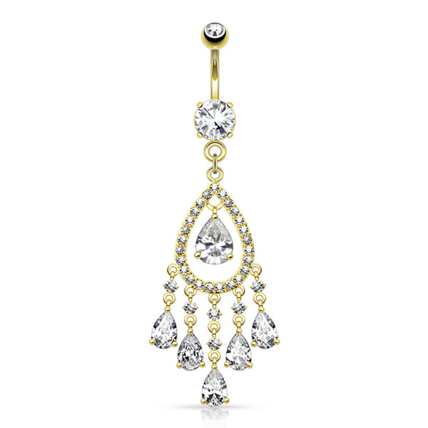 CZ Chandelier Belly Dangle Belly Ring 14 gauge - 3/8" long (10mm) Gold