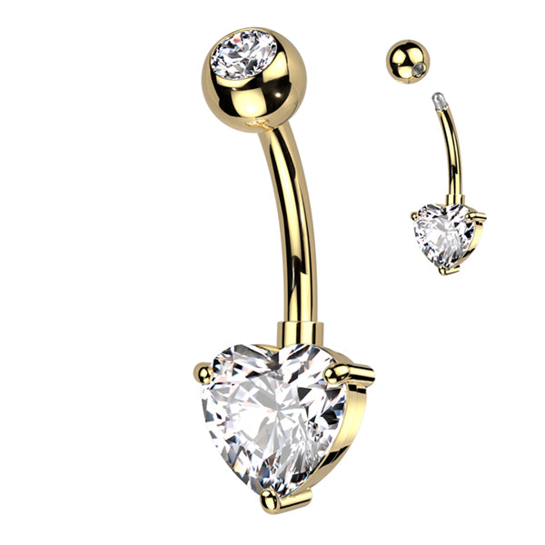 Heart CZ Titanium Belly Barbell Belly Ring 14g - 3/8" long (10mm) Gold PVD & Clear CZs