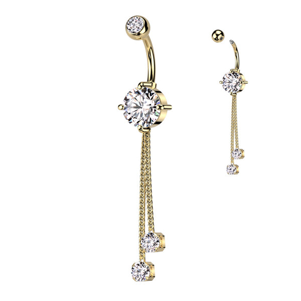 Double CZ Belly Dangle Belly Ring 14 gauge - 3/8" long (10mm) Gold